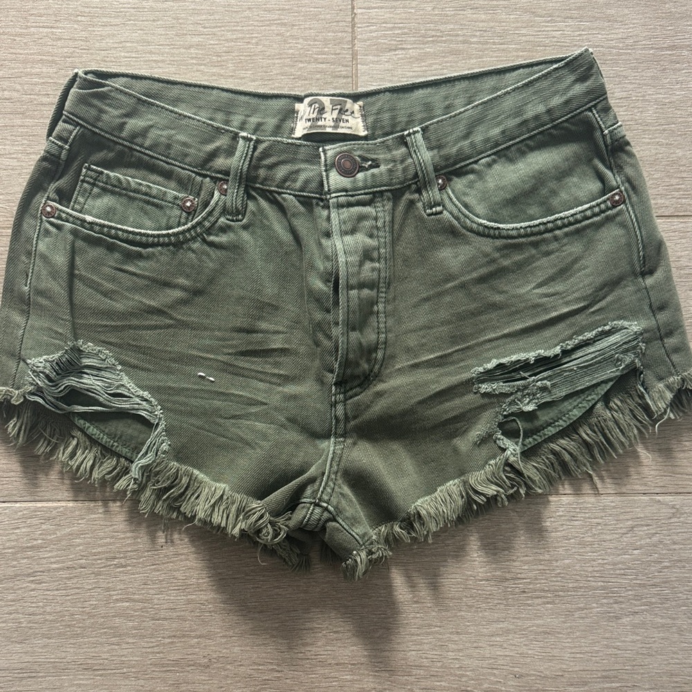 Free People Army Green Frayed Jean Shorts
